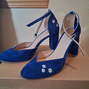 Blue Suede Ankle Strap Heels with Floral Embroidery